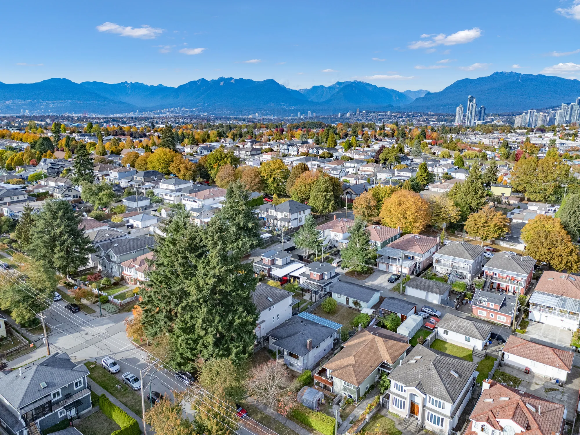 Over the block toward the mountains: houses among trees in autumn colour, the downtown towers in the distance