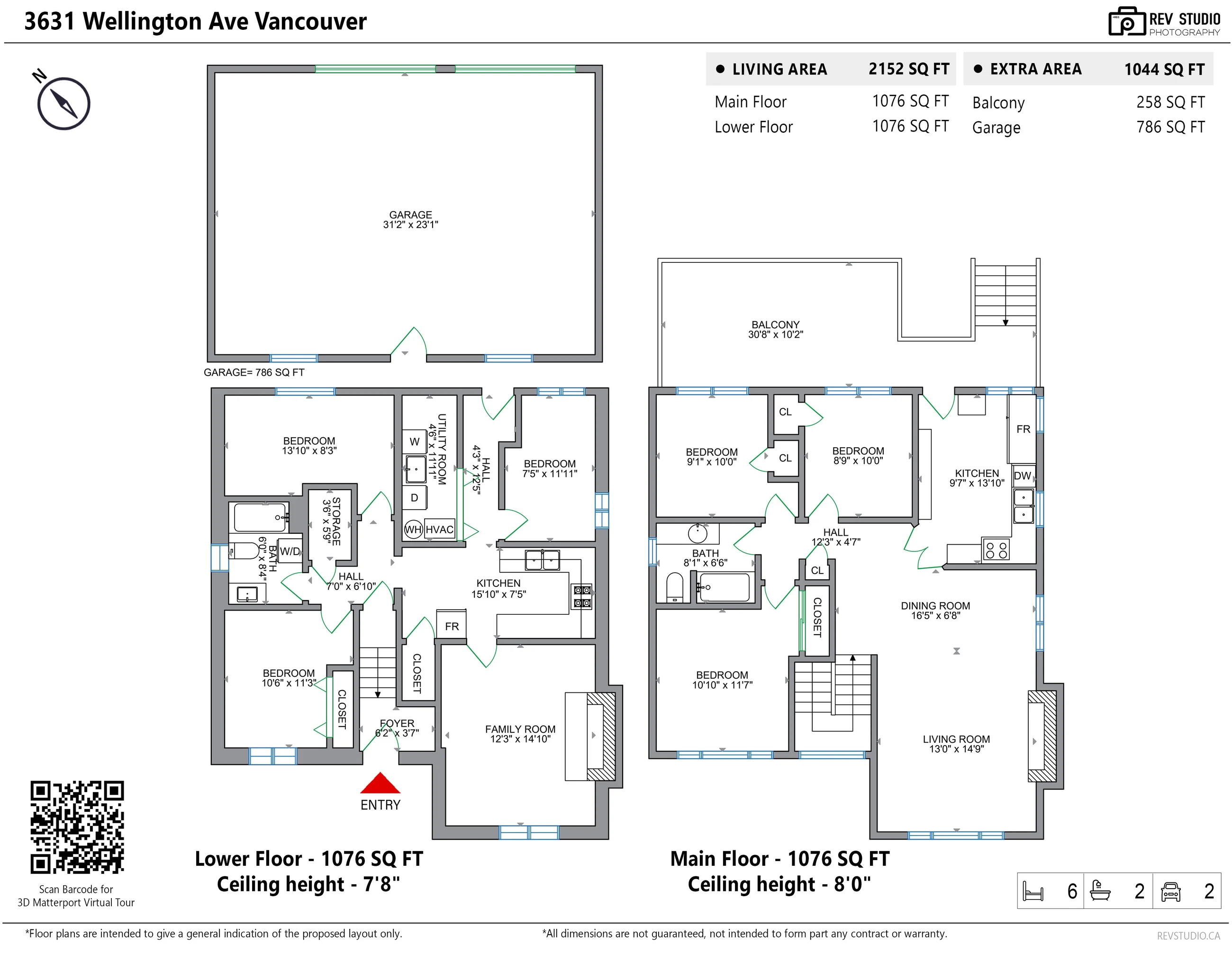 Floor plan of 3631 Wellington Avenue: the lower floor with the foyer, the family room, the kitchen, three bedrooms, a bathroom, the utility room, two halls and storage, with the garage drawn above it; the main floor with the living room, the dining room, the kitchen, three bedrooms, the bathroom, the hall and the covered deck