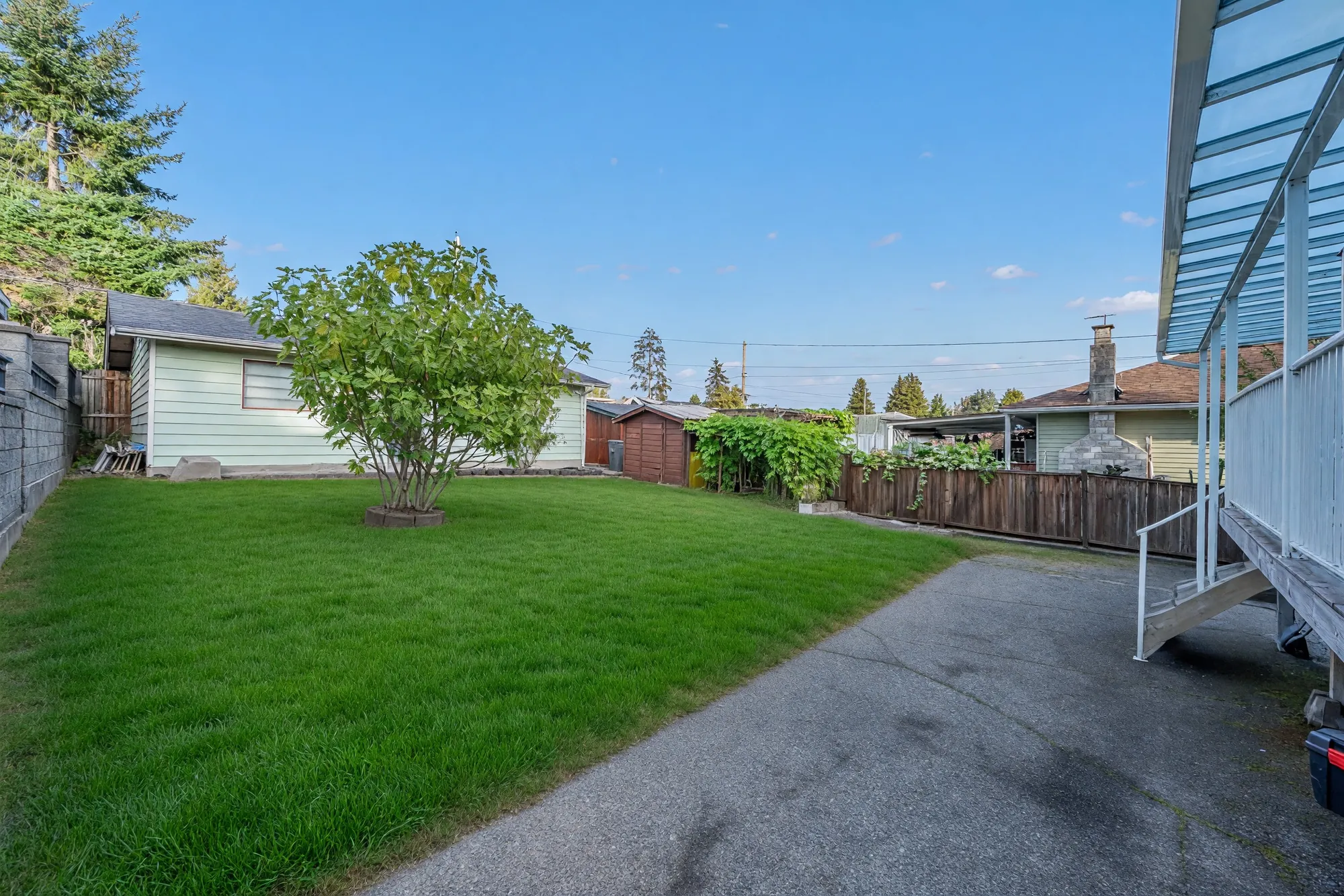 The back yard toward the garage: the lawn and a small tree, a concrete drive along one side, the deck stairs at the right